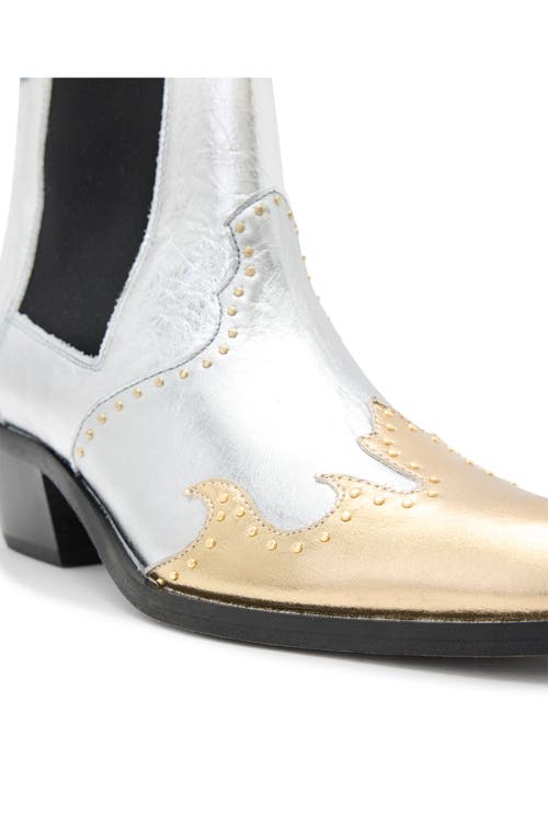 Allsaints Dellaware Pointed Leather Western Boots In Silver/gold