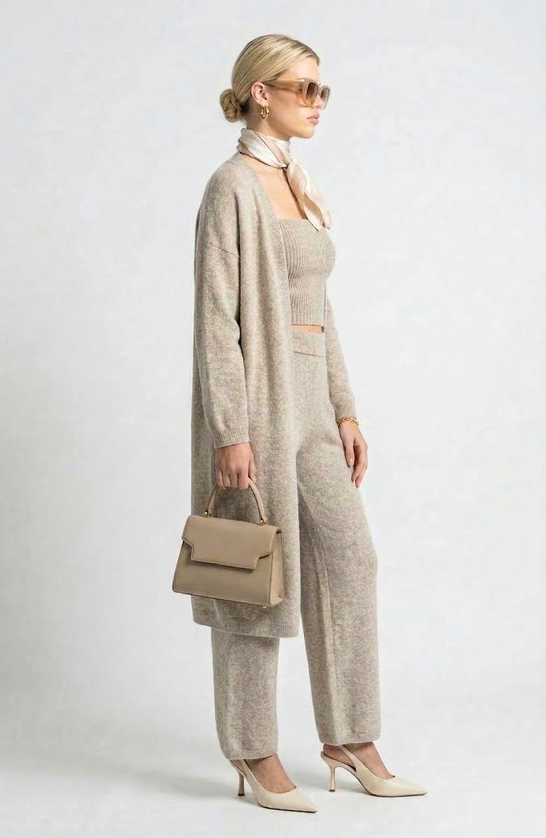 Knit & Lounge Three Piece Ribbed Knit Set with Long Cardigan, Cropped Top and Wide Leg Pants, Alternate, color, Beige, Gray, Striped
