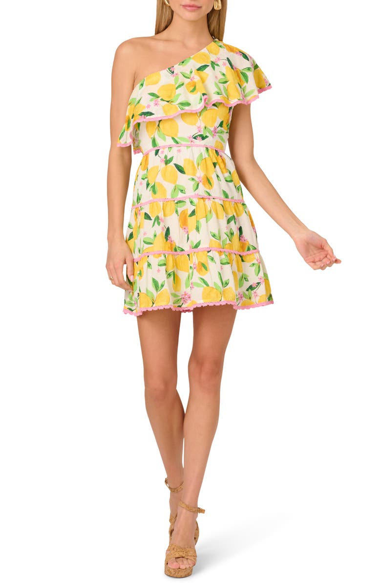 Adrianna Papell Print Clip Dot Ruffle One-Shoulder Tiered Minidress, Main, color, 