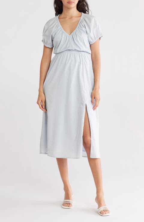 Puff Sleeve Empire Waist Cotton Midi Dress