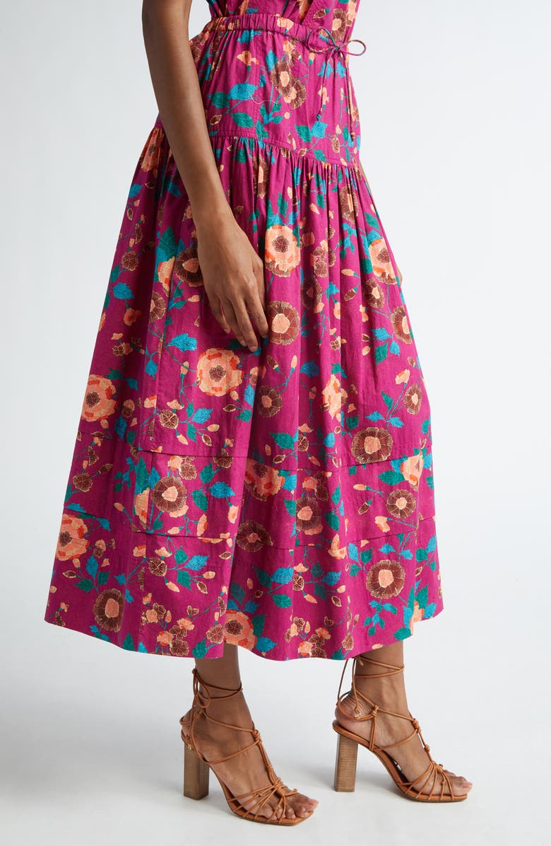 Ulla Johnson Anthia Floral Tiered Cotton Midi Skirt, Alternate, color, Ruby Flora