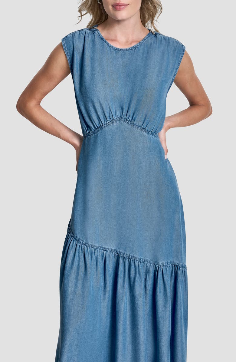 DKNY Shirred Chambray Midi Dress, Alternate, color, Stream Wash