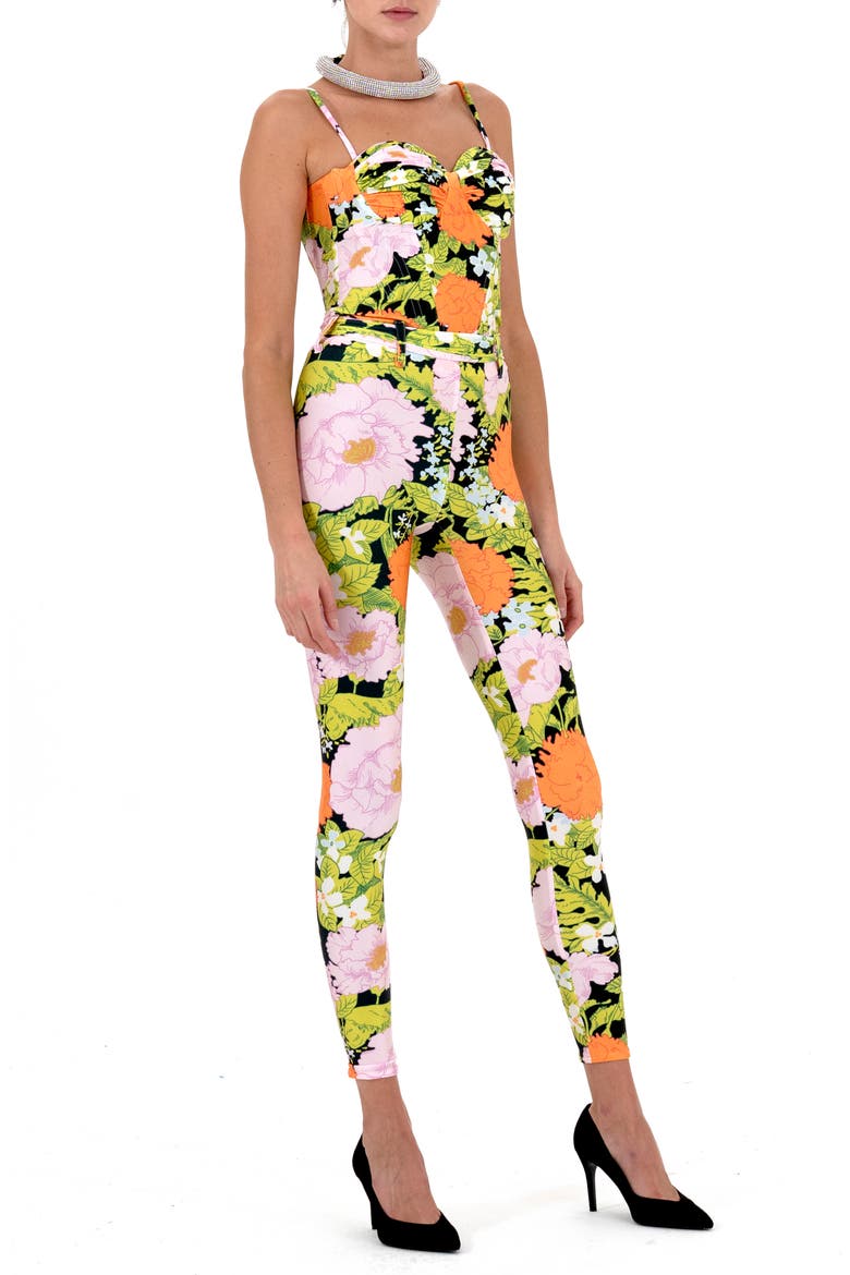 Floral Print Corset Bodice Jumpsuit, Main, color, ORANGE PASTEL