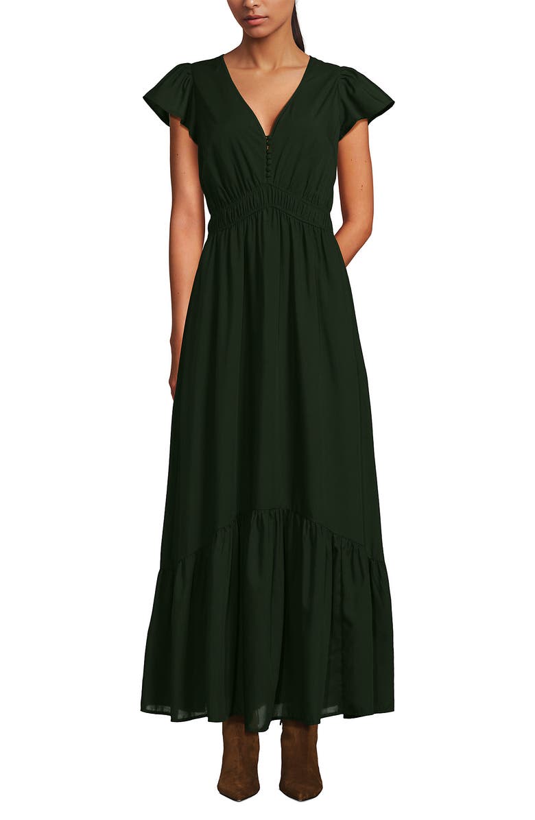 Lands' End Vneck Flutter Sleeve Maxi Dress, Main, color, Dark Green