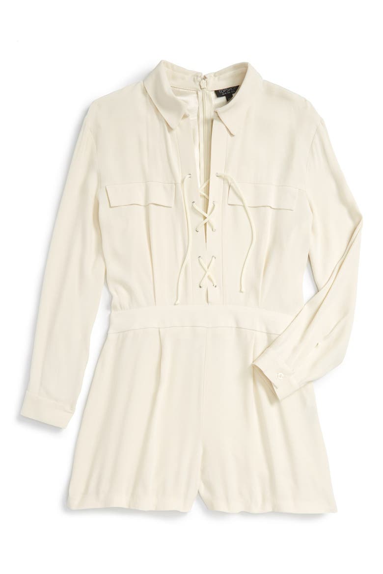 Lace-Up Long Sleeve Romper, Alternate, color, CREAM