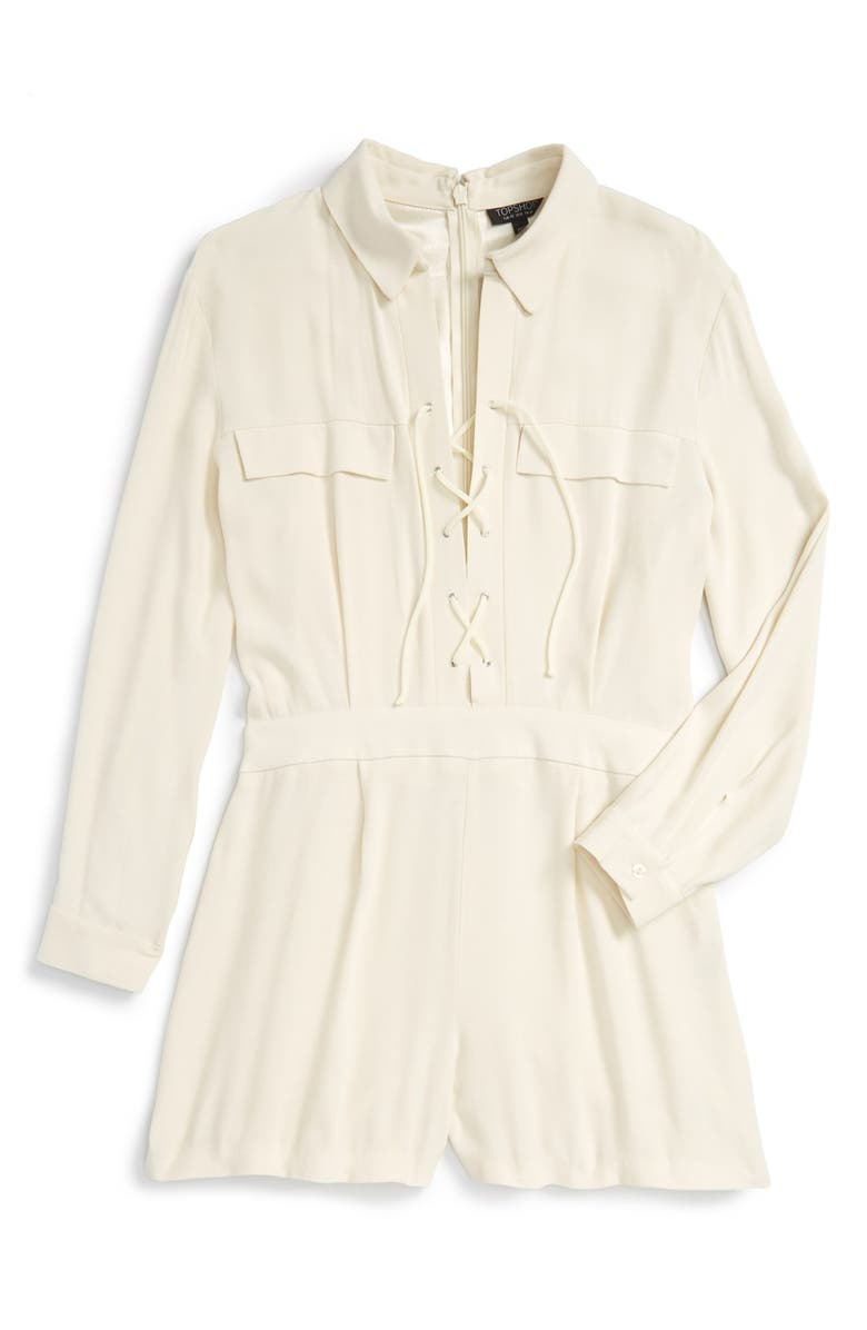 Topshop Lace-Up Long Sleeve Romper, Alternate, color, Cream