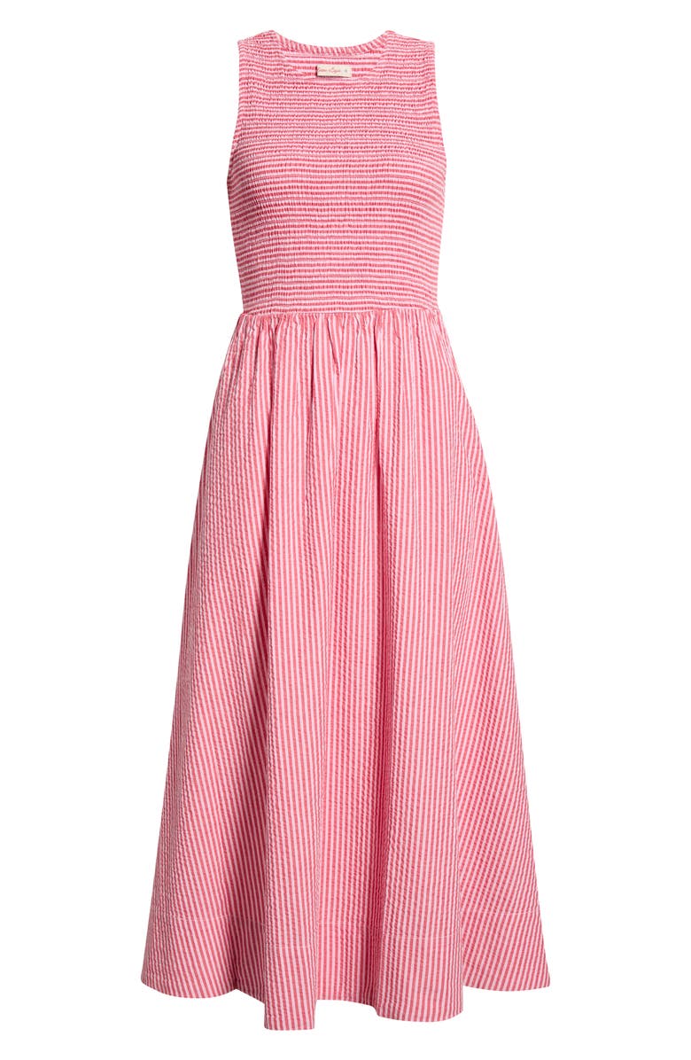 Marine Layer Darcy Stripe Smocked Seersucker Midi Dress, Main, color, Pink Stripe