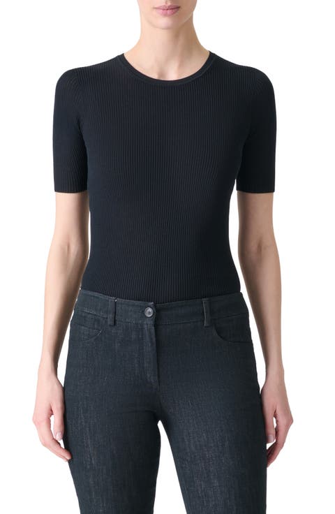 Seamless Short Sleeve Silk & Cotton Rib Sweater