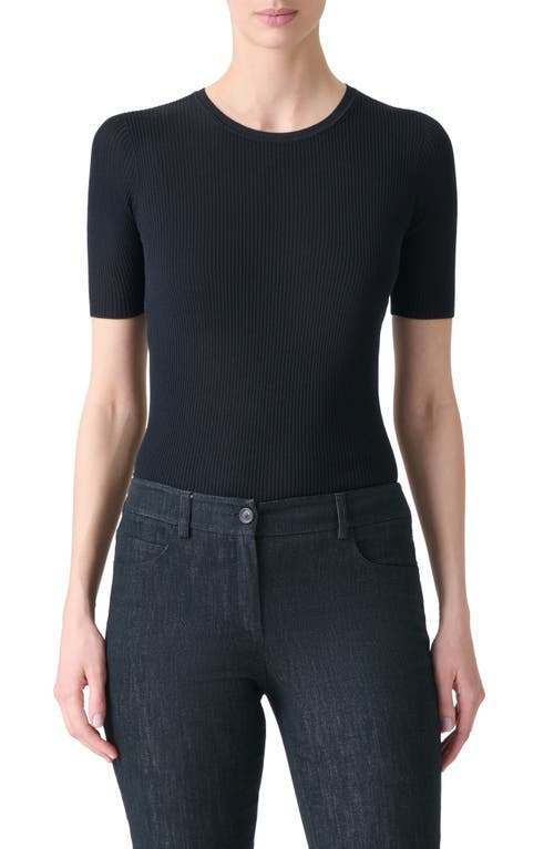 Akris Seamless Short Sleeve Silk & Cotton Rib Sweater In Blue