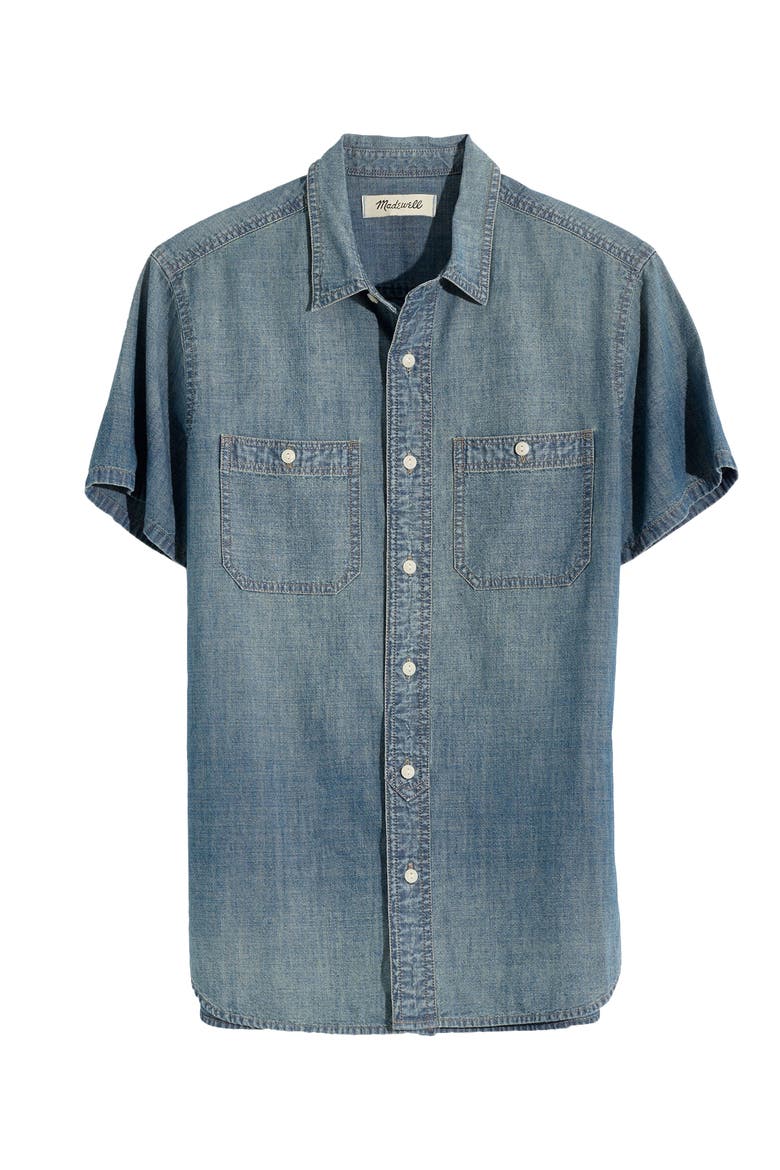 Perfect Short Sleeve Chambray Button-Up Shirt, Alternate, color, WINTERDALE WASH