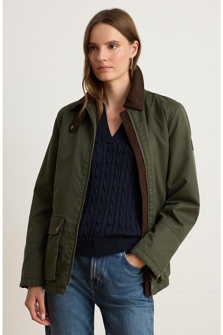 Waxed Raincoat with Corduroy Trim, Alternate, color, OLIVE FERN