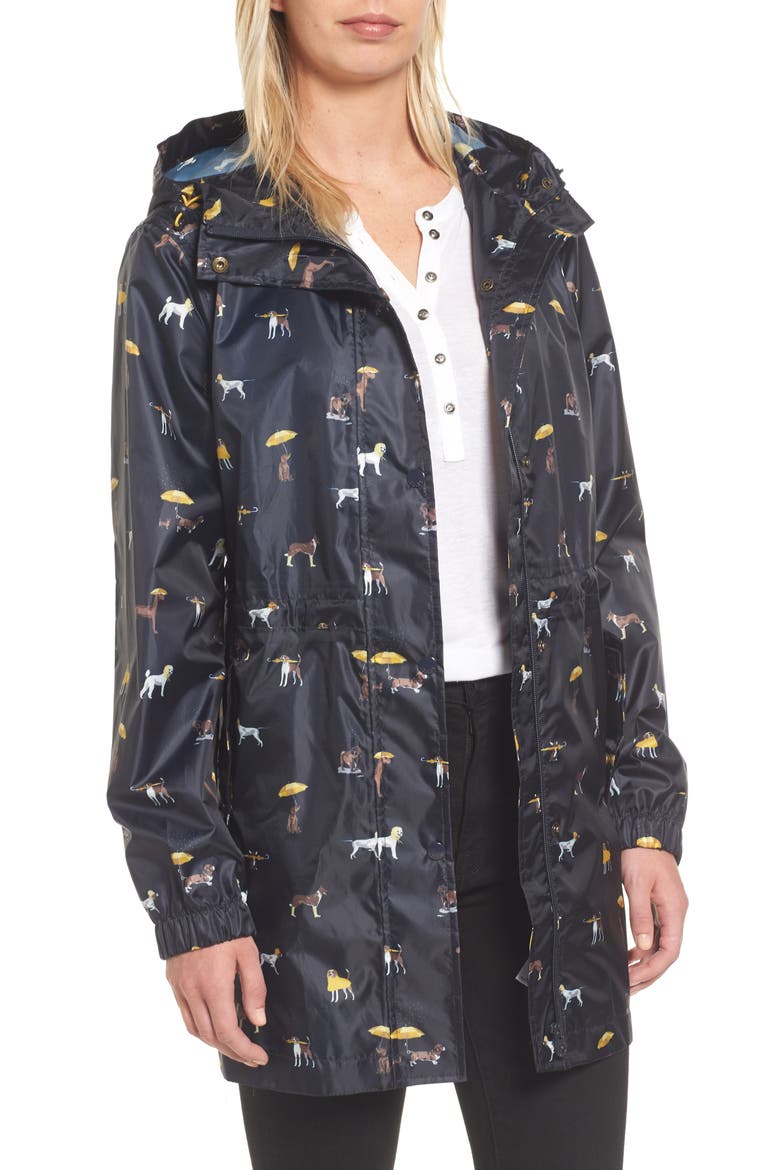 Right as Rain Packable Print Hooded Raincoat, Main, color, NAVY RAINING DOGS