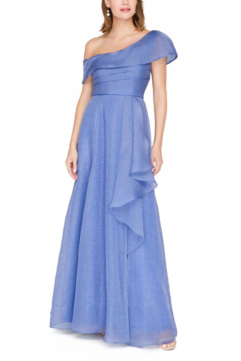 Evangeline One-Shoulder Organza Gown, Alternate, color, AZURE BLUE