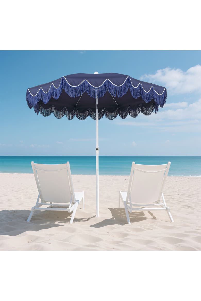 Mariner Coastal Round Outdoor Beach Umbrella with Fringe Trim, Push-Button Tilt, UV 50 Canopy and Wood-Finish Pole, Alternate, color, Navy - White Pole