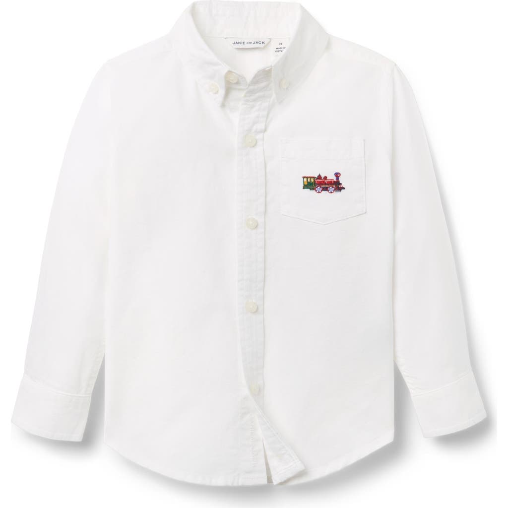 Janie And Jack The Oxford Icon Embroidered Train Holiday Shirt In White