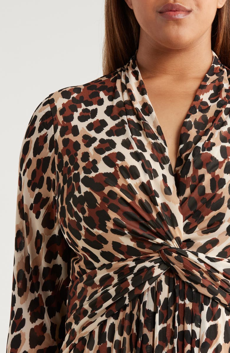 Anne Klein Leopard Print Twist Front Long Sleeve Mesh Maxi Dress, Alternate, color, Ivory/ Brown Leopard Print