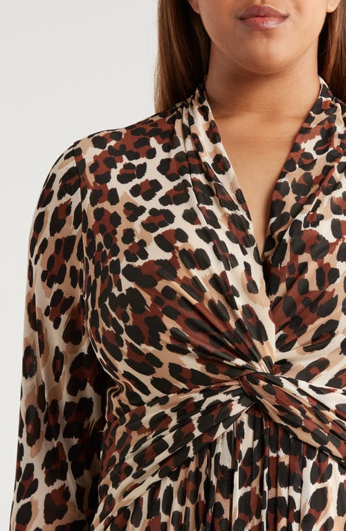 Anne Klein Plus Size Printed Mesh Long-sleeve Maxi Dress In Brown