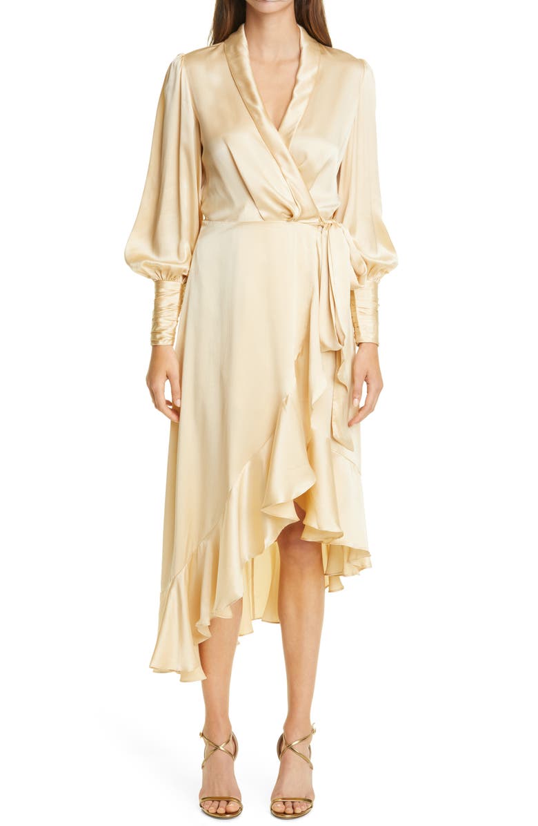 Zimmermann Long Sleeve Silk Satin Wrap Dress, Main, color, 
