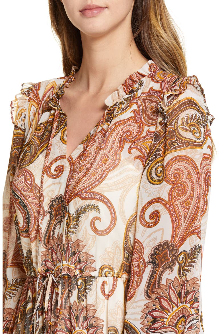 Long Sleeve Tiered Chiffon Midi Dress, Alternate, color, IVORY MULTI