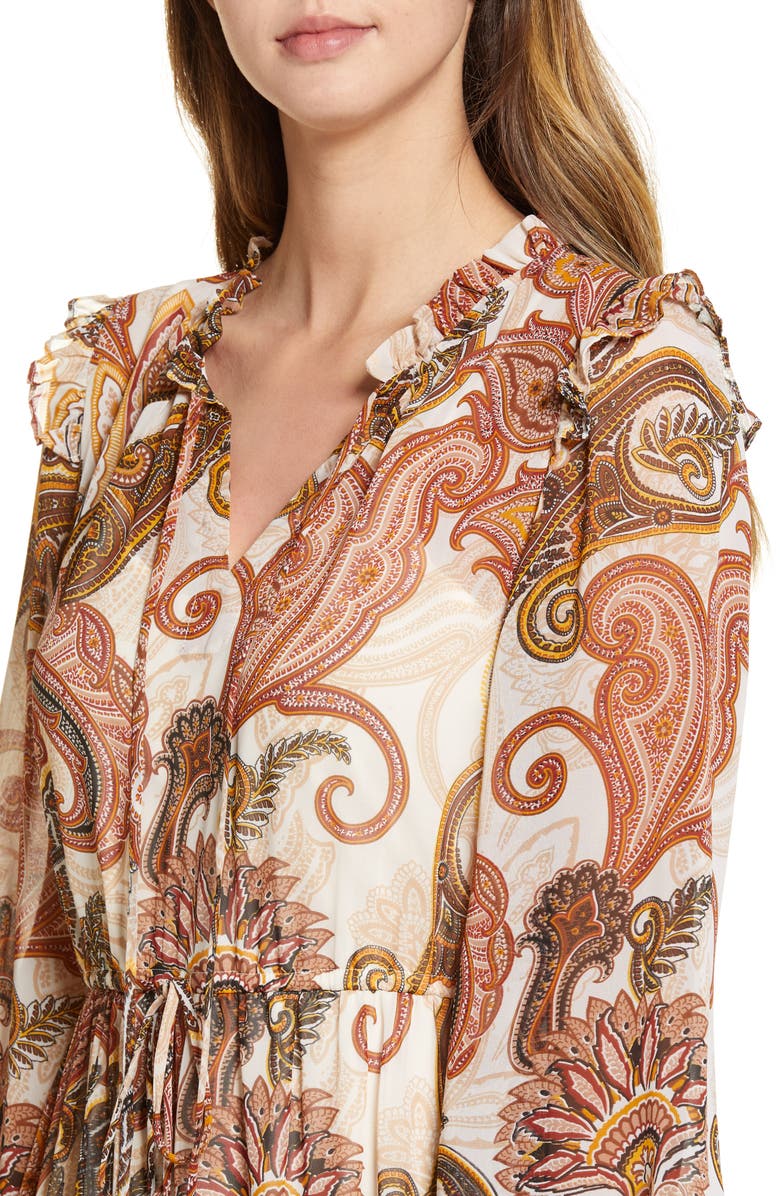 Julia Jordan Long Sleeve Tiered Chiffon Midi Dress, Alternate, color, Ivory Multi