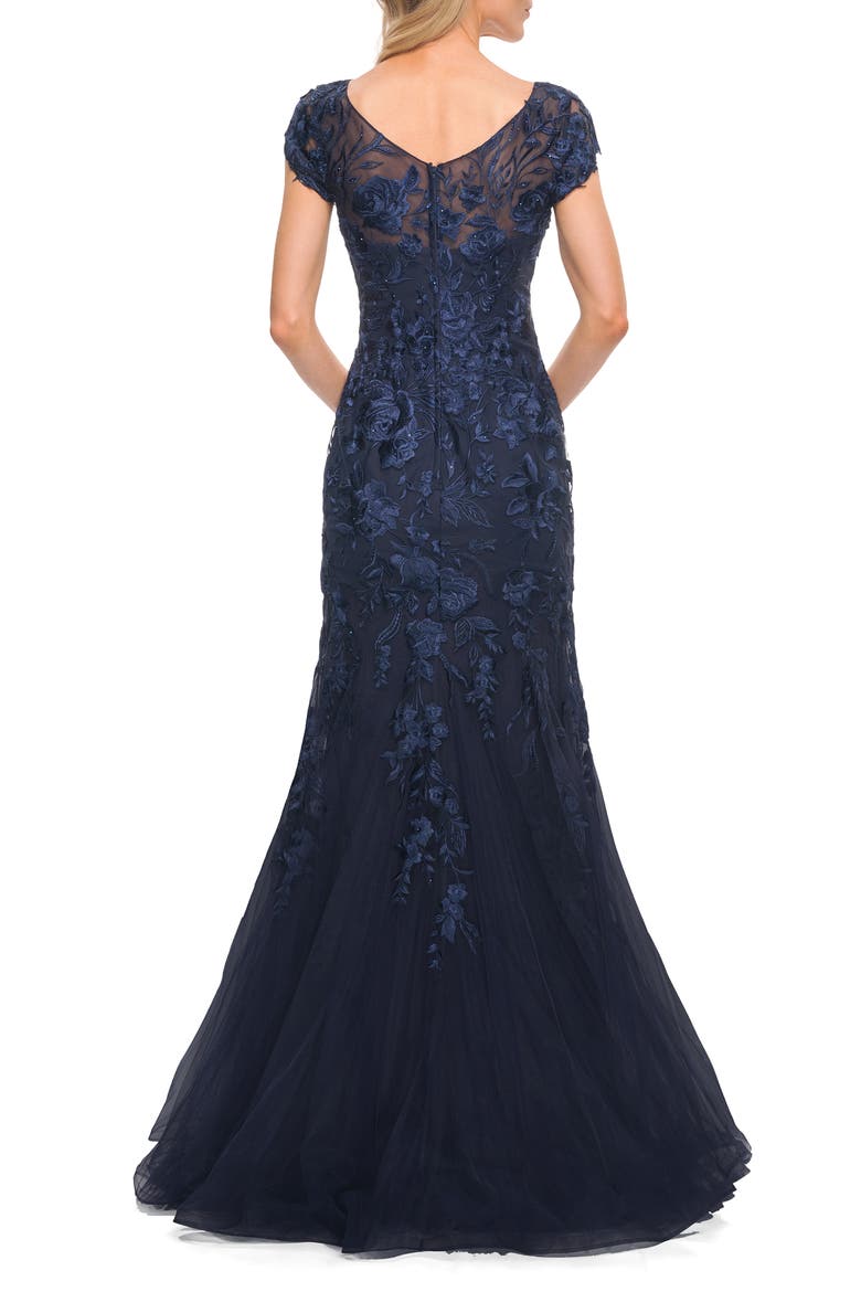 Lace and Tulle Mermaid Gown with Cap Sleeves, Alternate, color, Navy