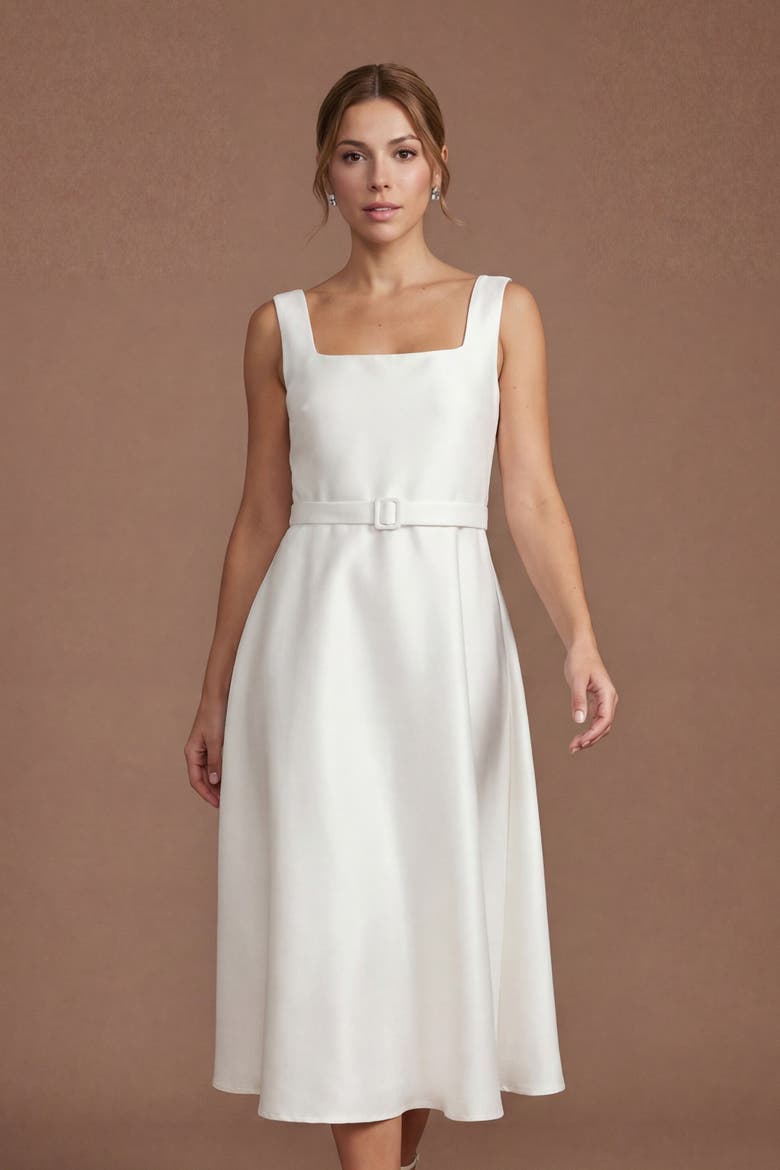 Petite Belted A-Line Midi Dress, Alternate, color, Ivory