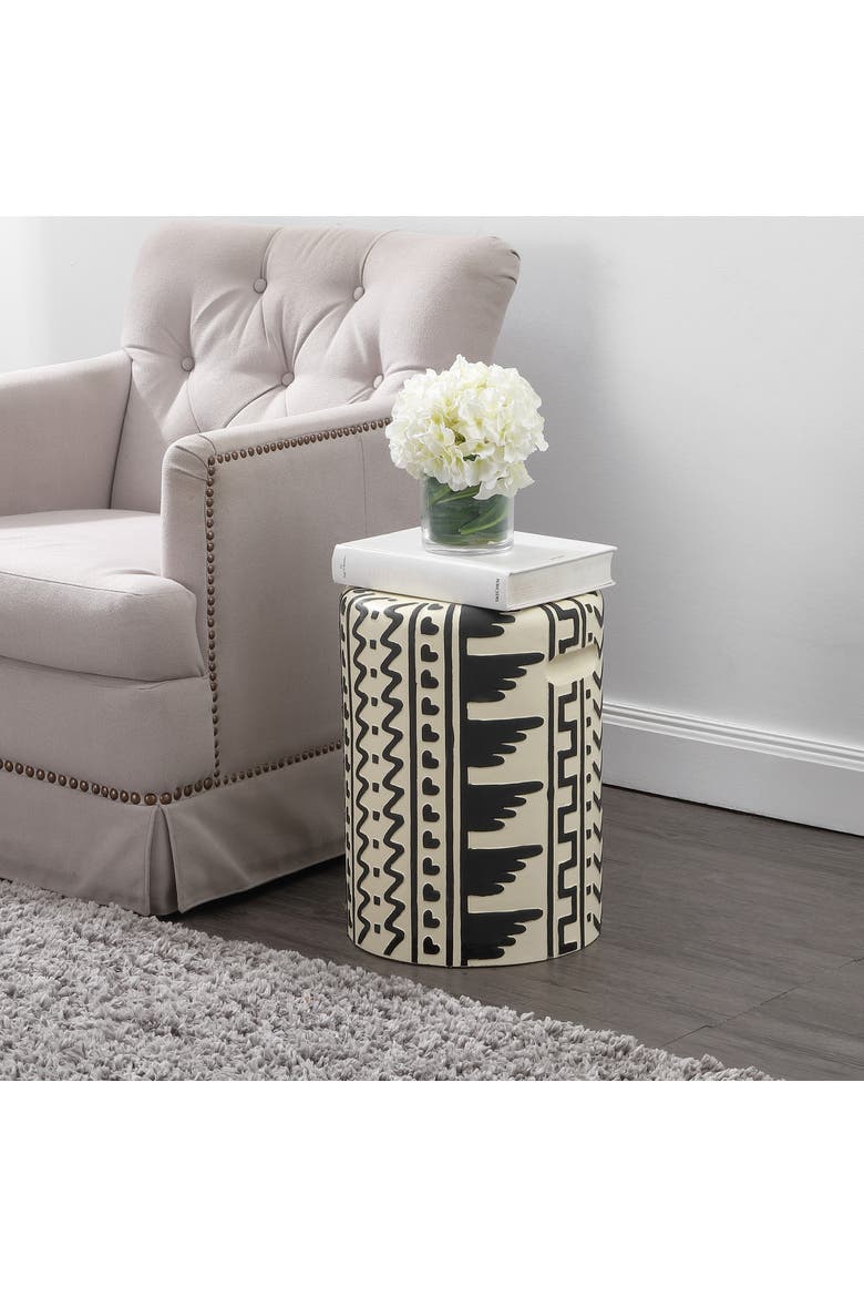 Yoli Bohemian Geometric Concrete Outdoor Garden Stool with Handles, Weatherproof Drum Accent Side Table for Patio & Deck, Alternate, color, Black/Cream