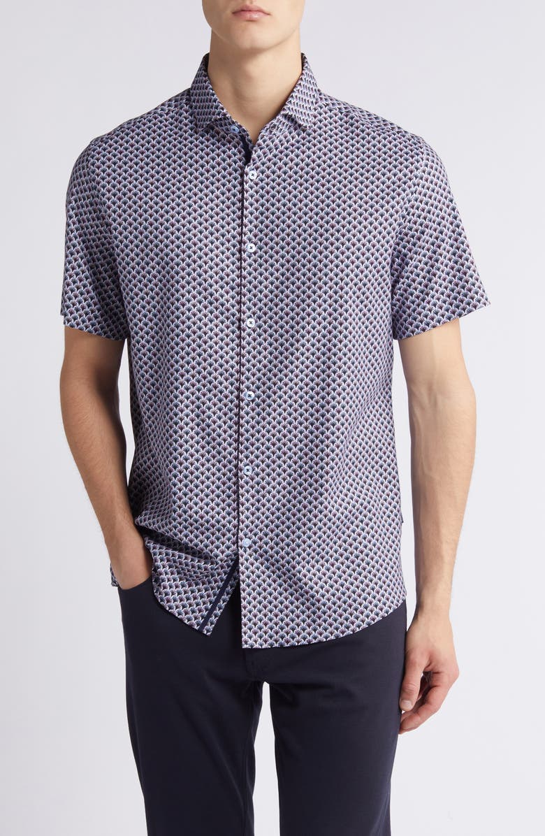 Stone Rose Retro Trim Fit Palm Print Short Sleeve Button-Up Shirt, Main, color, 