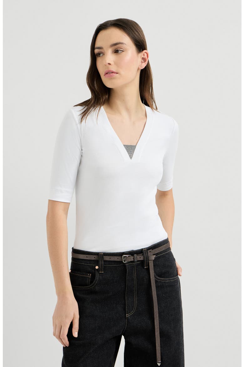 Stretch cotton ribbed jersey top with precious insert, Main, color, White