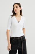 Brunello Cucinelli Stretch cotton ribbed jersey top with precious insert