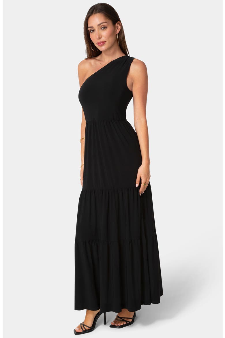 One Shoulder Tiered Maxi Dress, Alternate, color, BLACK