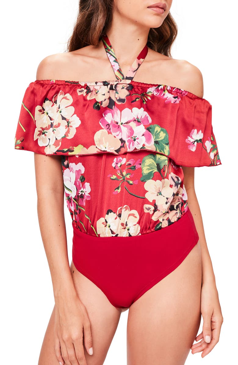 Missguided Ruffle Off the Shoulder Bodysuit, Alternate, color, Red