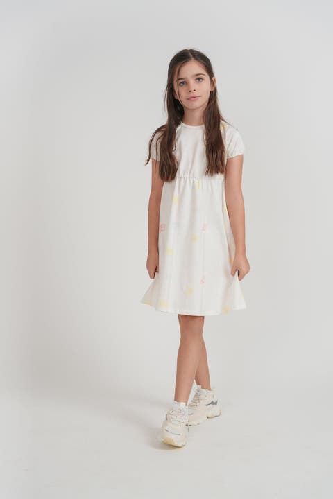 Girls Seashell Printed Cotton-Spandex Dress, Ivory/Pink