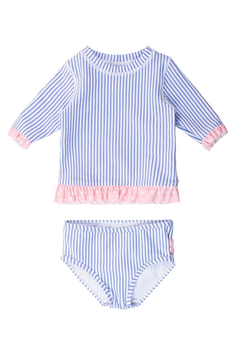 Baby/toddler Girls Upf50+ Seersucker Short Sleeve Ruffle Rash Guard Bikini, Main, color, Periwinkle Blue Seersucker
