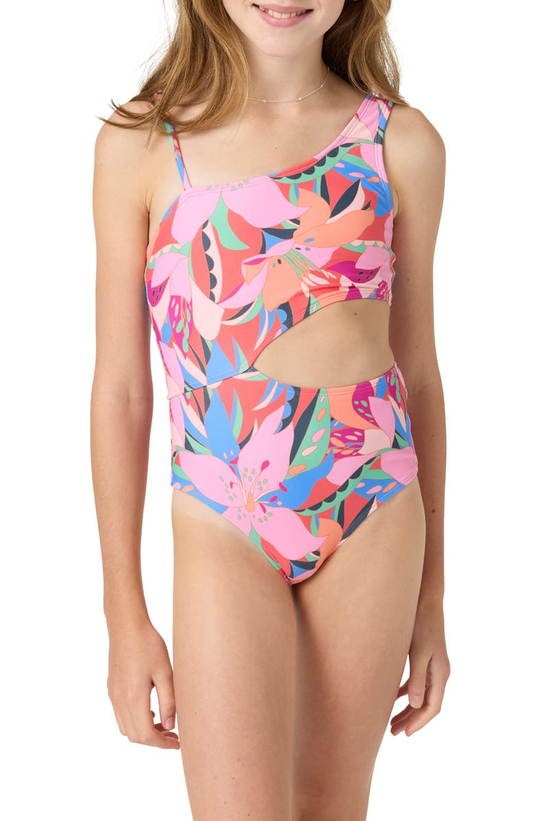 O'Neill Kids' Cabana Asymmetric Floral One-Piece Swimsuit, Main, color, Multi Colored