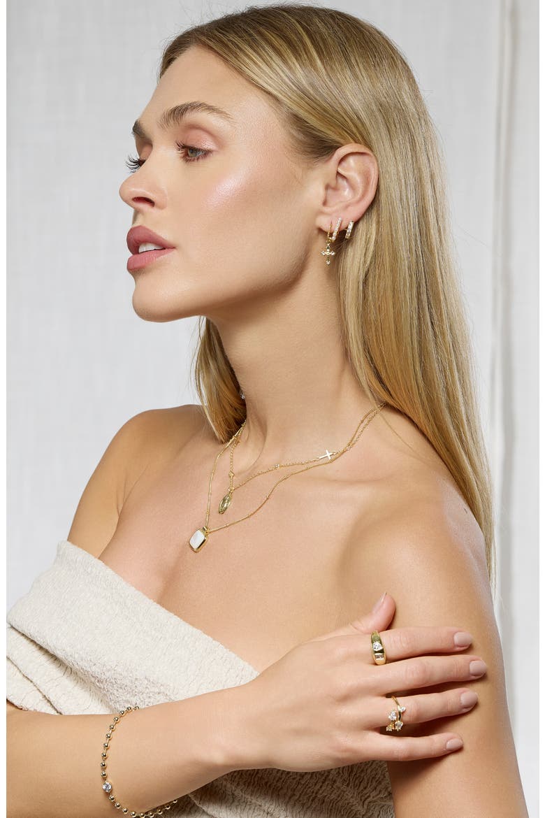 Faux Pearl & Cubic Zirconia Double Huggie Hoop Earrings, Alternate, color, GOLD