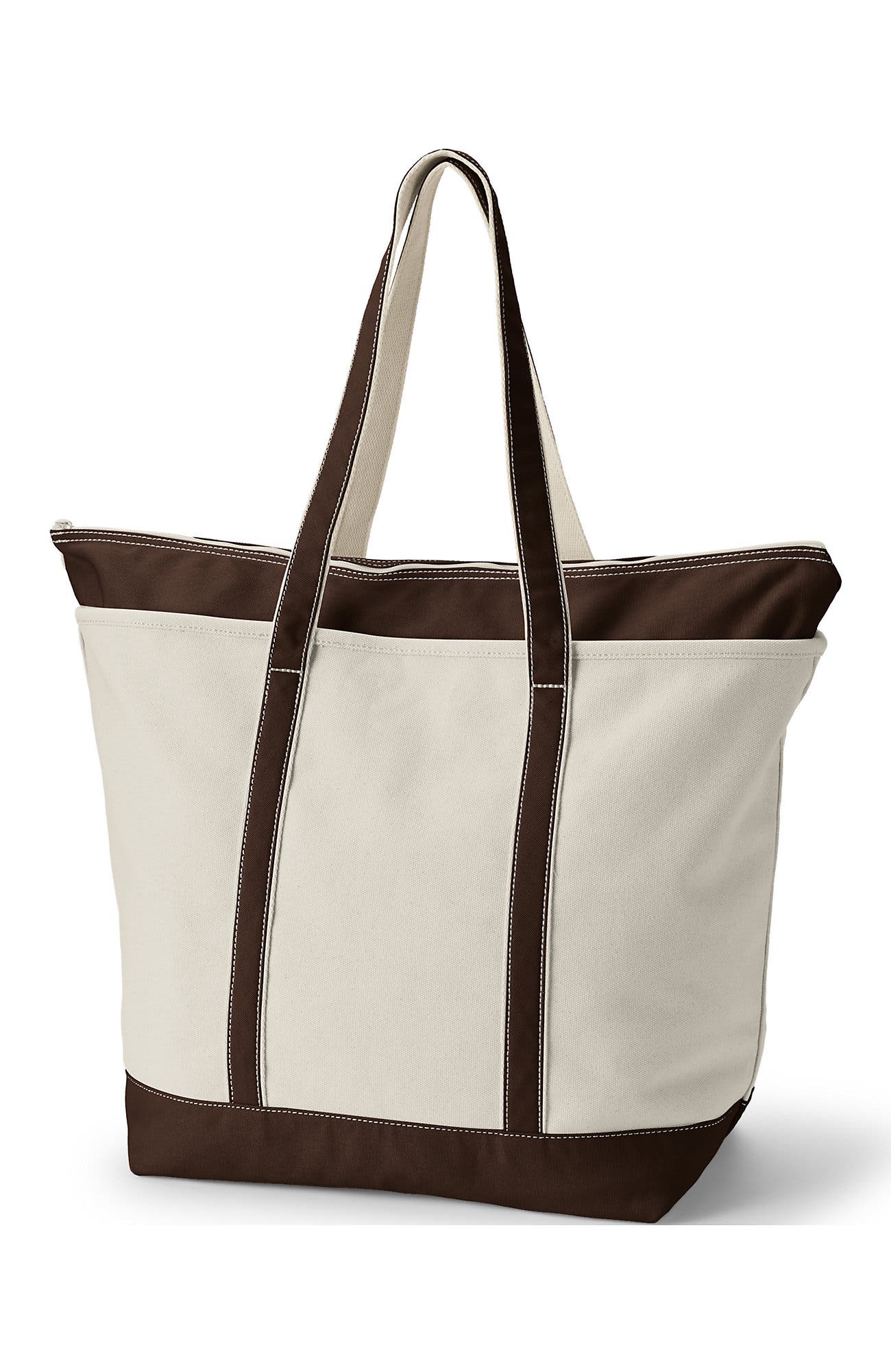 Lands' End Zip Top Long Handle Canvas Tote Bag, Alternate, color, Natural/Brown Root