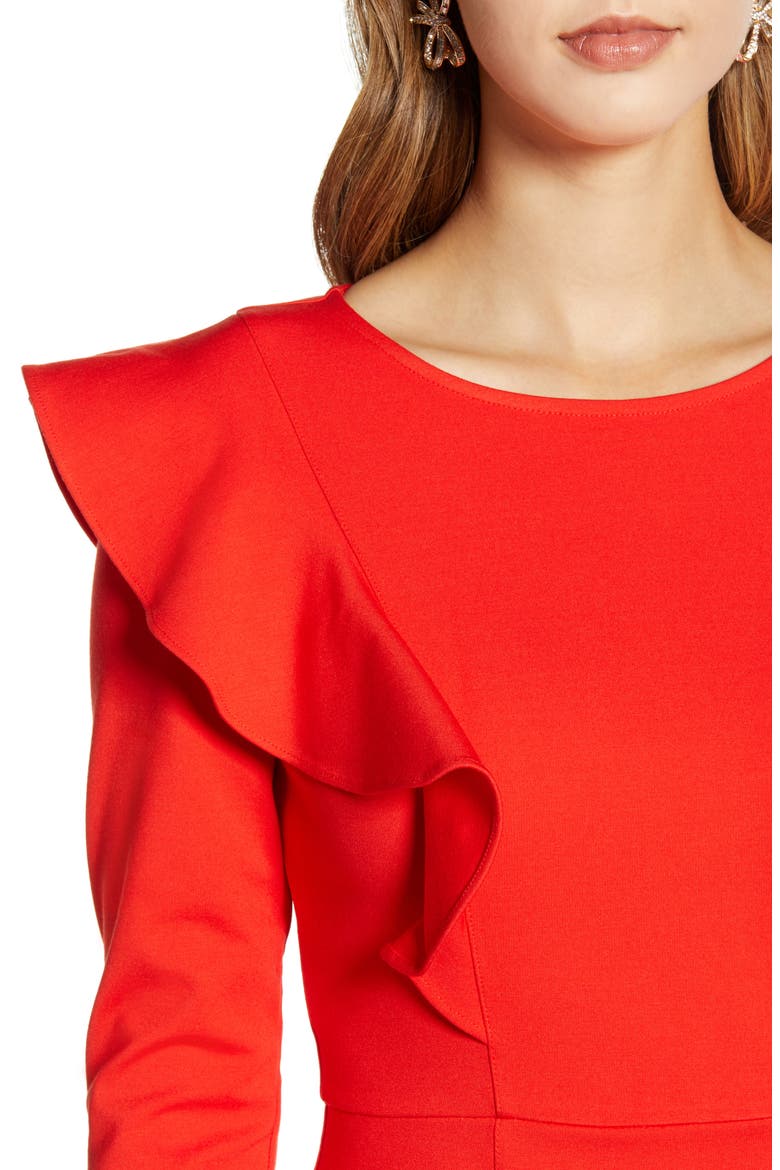 Ruffle Long Sleeve Ponte Dress, Alternate, color, RED SCARLET