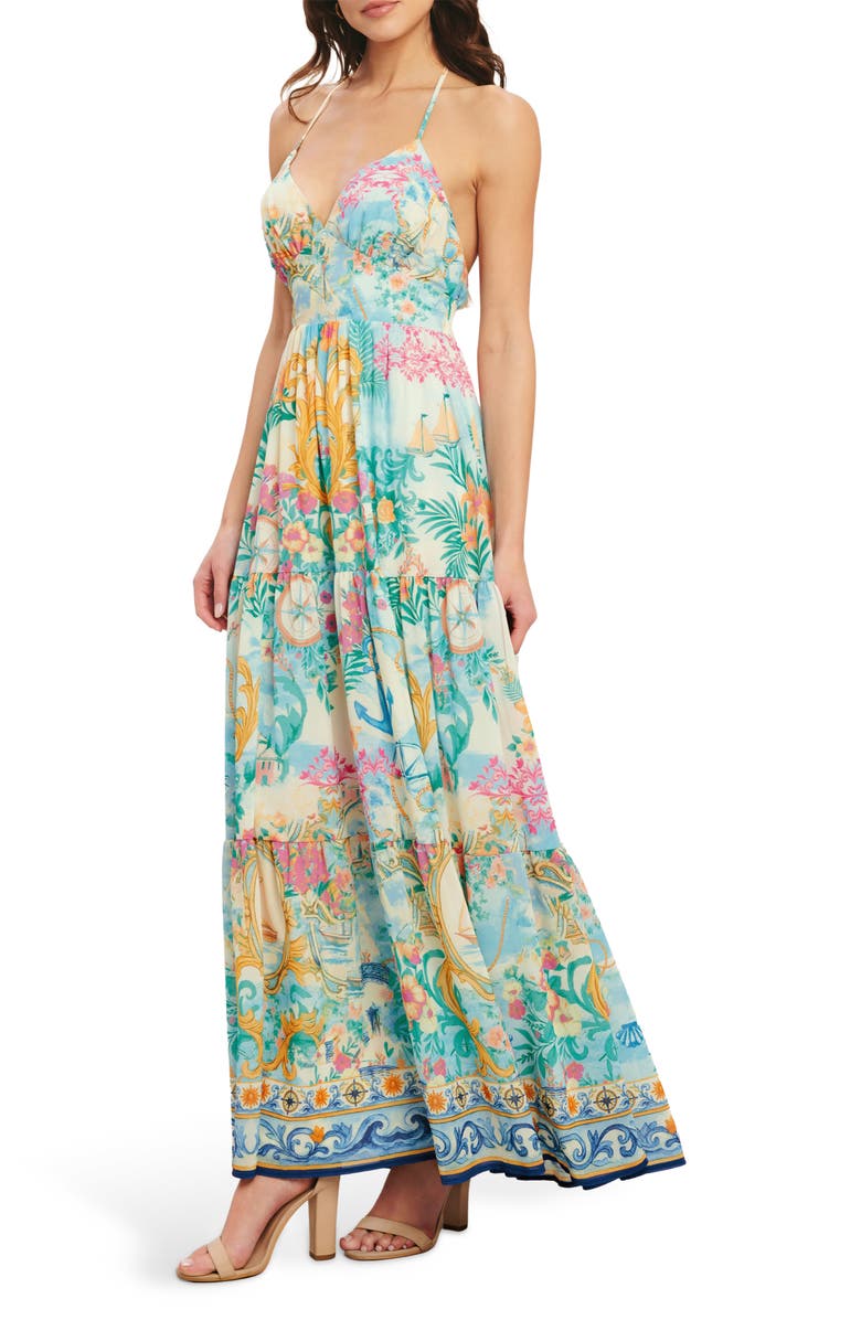 FLYING TOMATO Print Halter Maxi Dress, Alternate, color, Ivory Multi