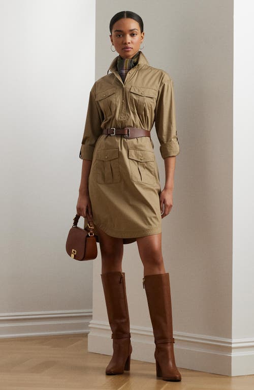 Shop Ralph Lauren Lauren  Tie Waist Long Sleeve Stretch Poplin Shirtdress In Madison Tan