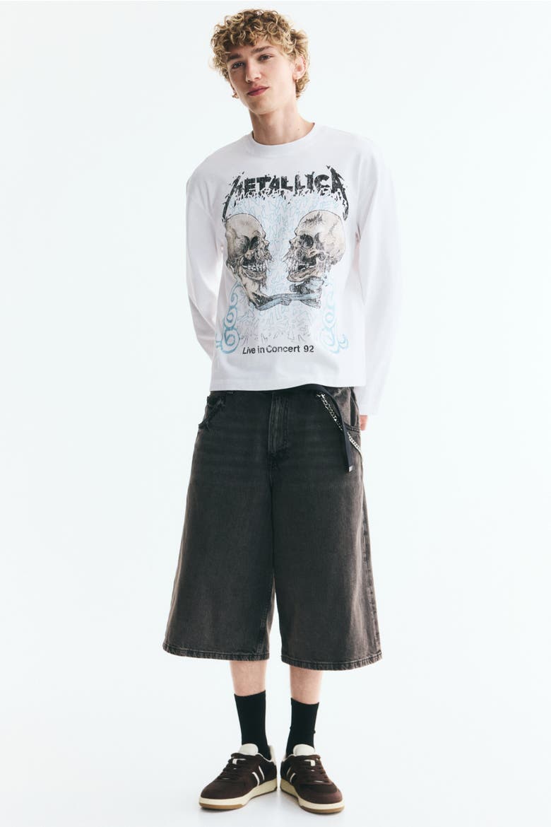 Relaxed-fit Long-sleeved Printed Cotton T-shirt, Alternate, color, White/Metallica