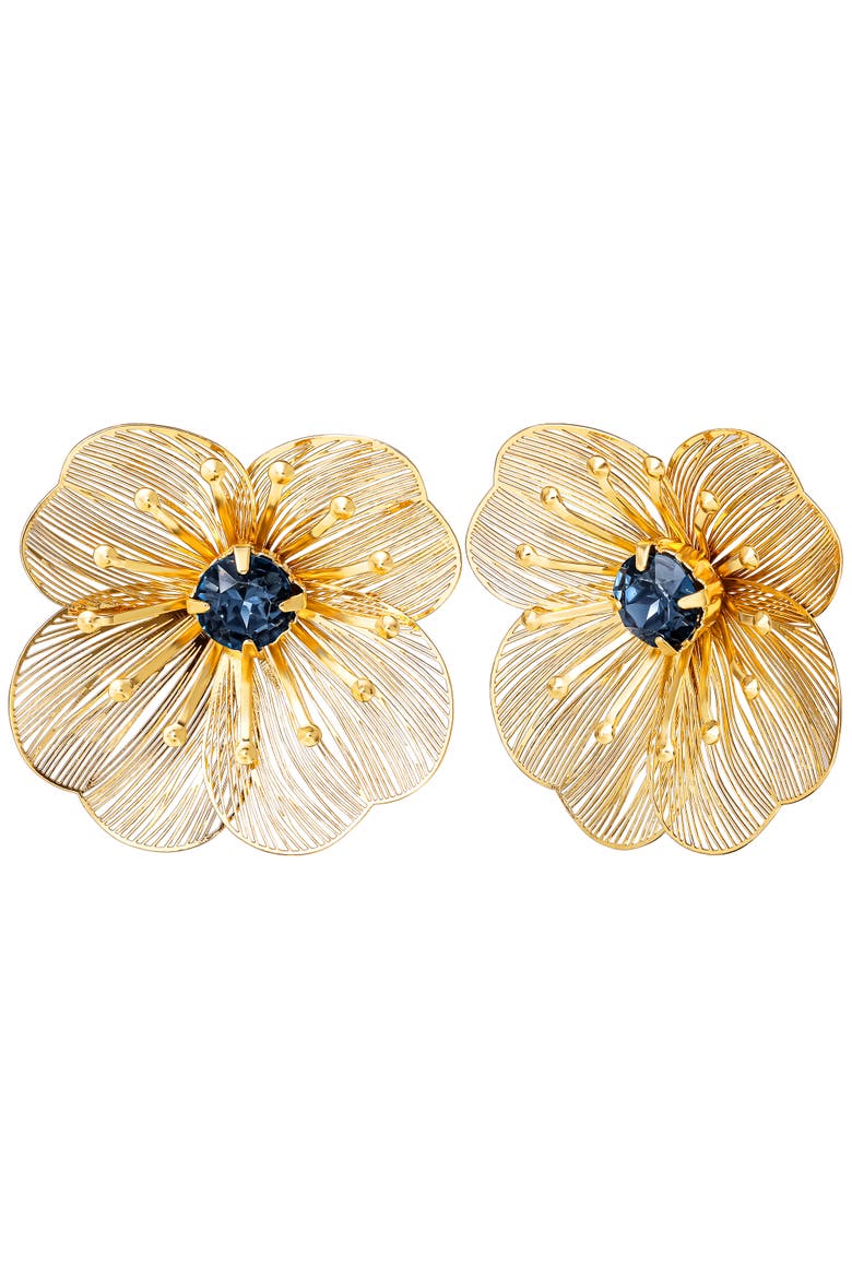 Gold-Tone Filigree Flower Stud Earrings with Blue Crystal Center, Main, color, Gold