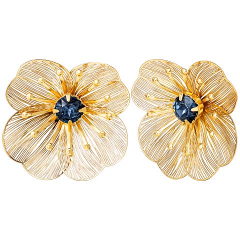 Gold-Tone Filigree Flower Stud Earrings with Blue Crystal Center