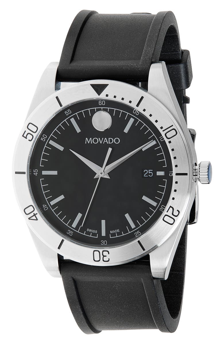 Movado Sportivo Rubber Strap Watch, 41mm, Main, color, Black