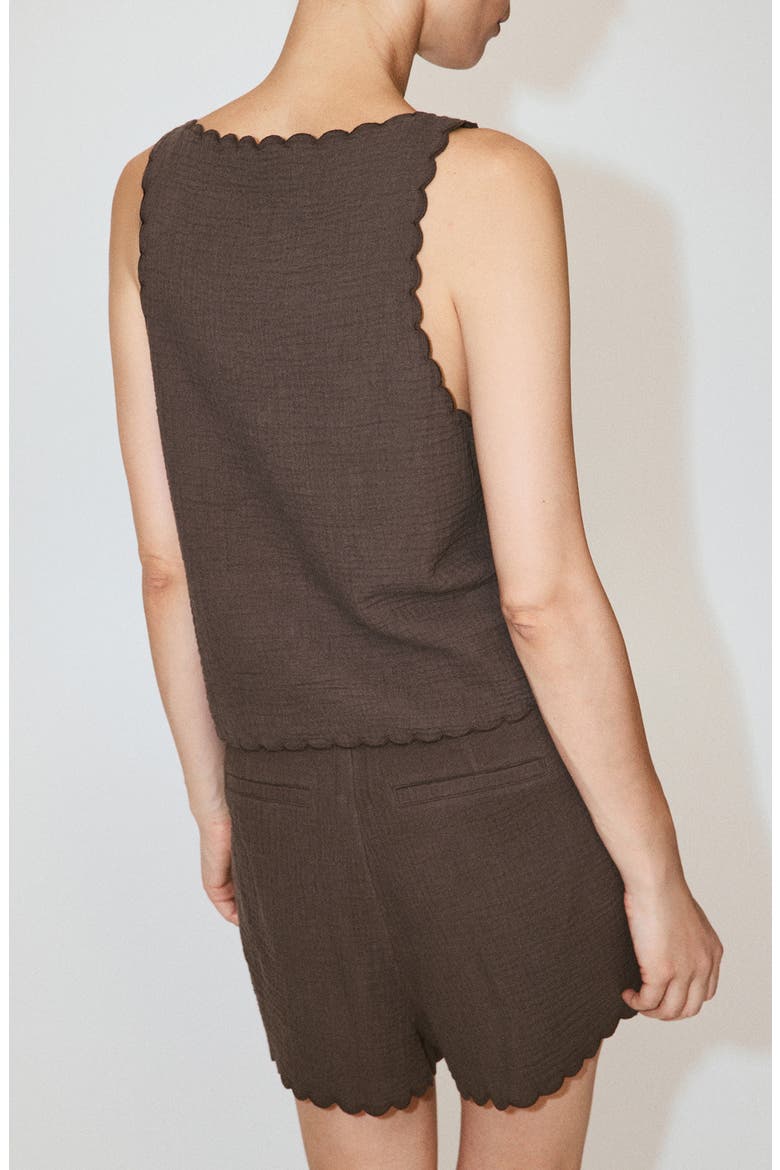 Scalloped Double Gauze Tie Front Top, Alternate, color, CHOCOLATE