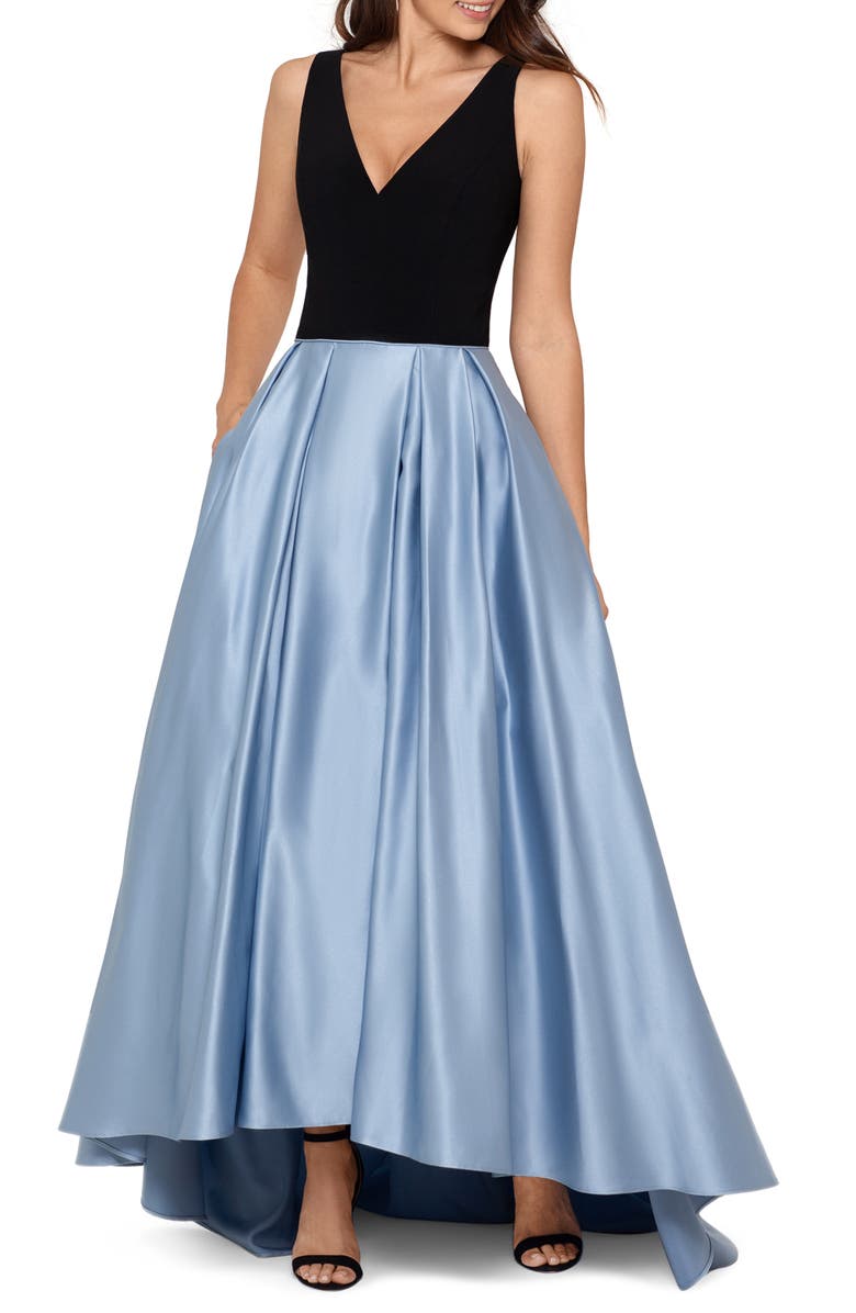 Betsy & Adam V-Neck High/Low Satin Ballgown, Main, color, 