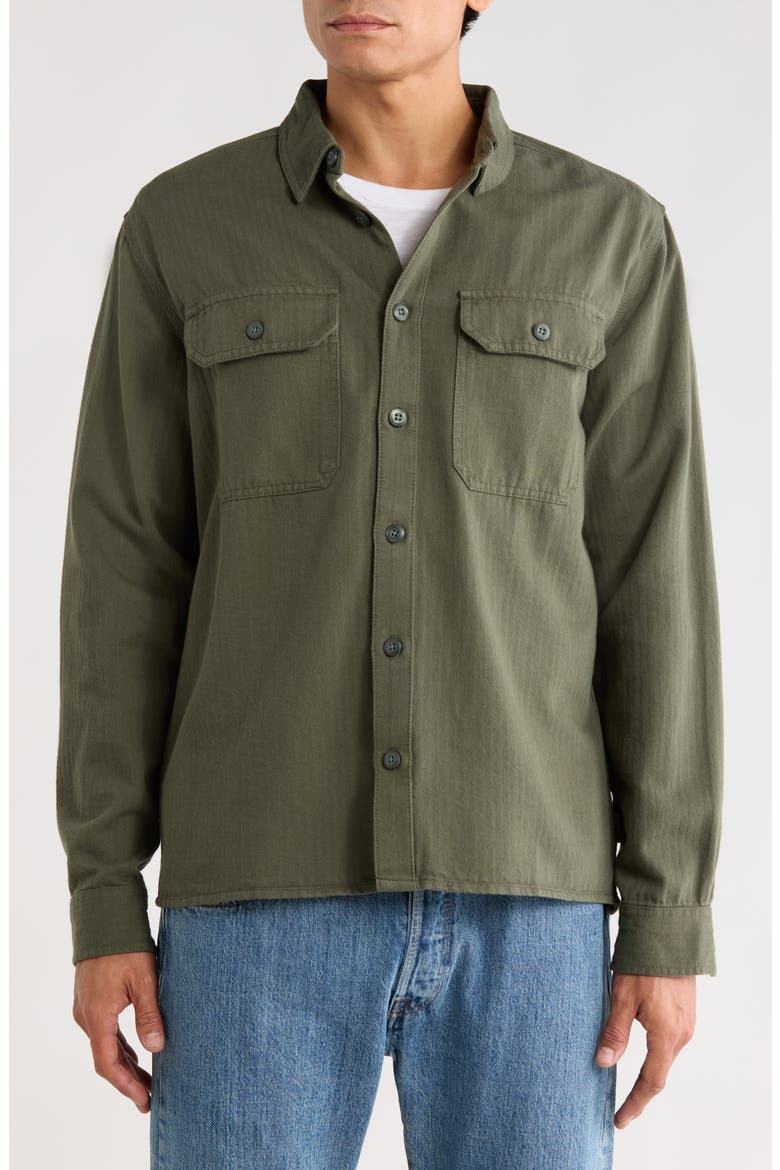 Fort Garage Stripe Cotton Herringbone Button-Up Shirt, Alternate, color, OLIVE
