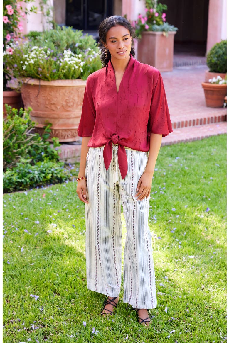Flare Sleeve Tie Front Satin Top, Alternate, color, RED