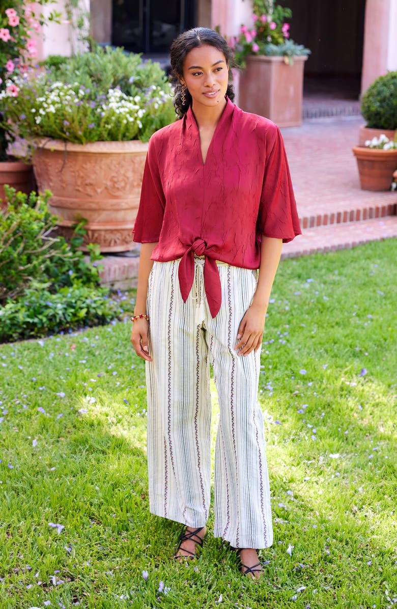 Karen Kane Flare Sleeve Tie Front Satin Top, Alternate, color, Red