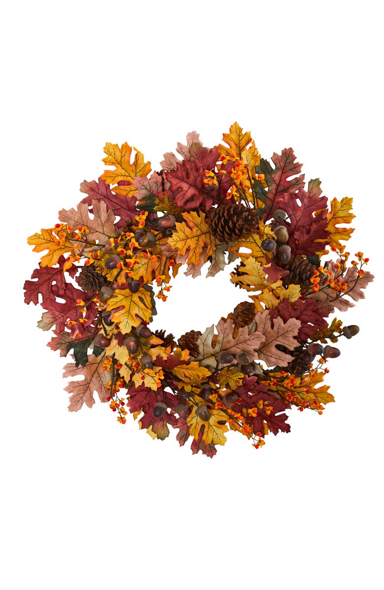 NEARLY NATURAL 24-in Oak Leaf, Acorn & Pine Wreath, Main, color, Orange